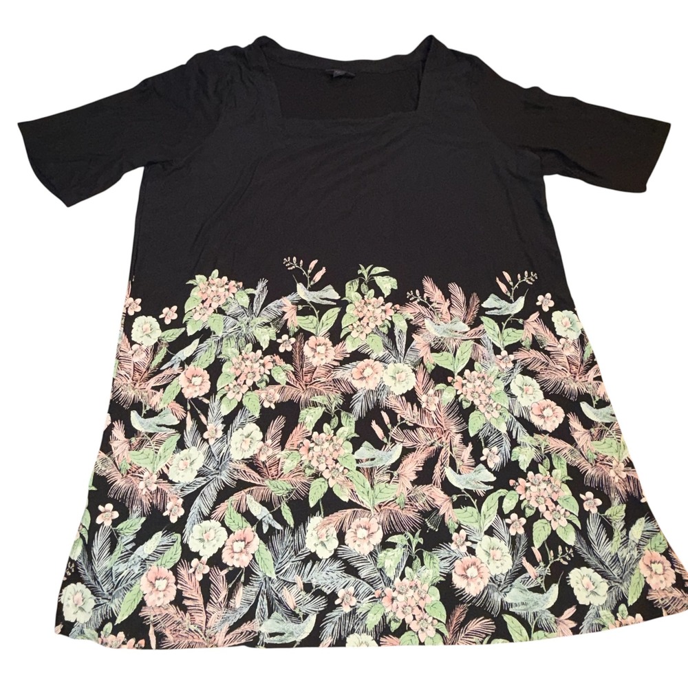 J. Jill Wearever‎ Size Large Tall Hummingbird Floral Tunic Top Black Botanical